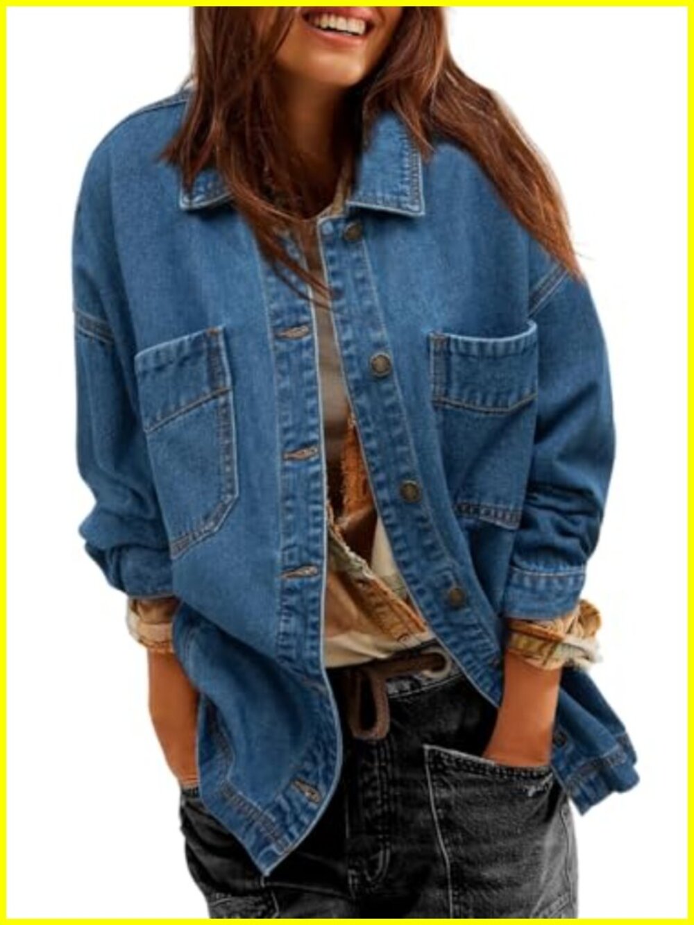 Oversized Boyfriend Jean Jacket Long Sleeve Button Down Split Denim Jacket